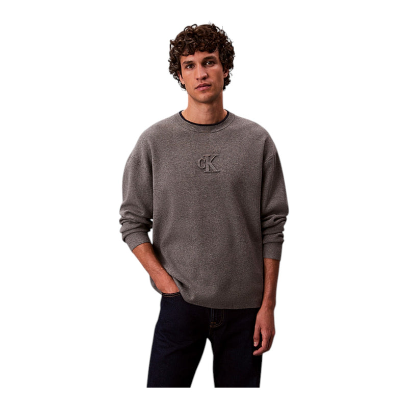 Maglie Uomo Calvin Klein - Ls Embossed Logo Crewnk Sweater - Grigio