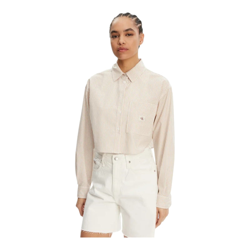 Camicie Donna Calvin Klein - Woven Label Cropped Shirt - Bianco
