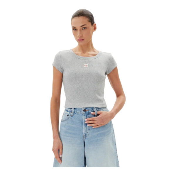 T-shirt Donna Calvin Klein - A- Woven Label 2X2 Rib Baby Tee - Grigio