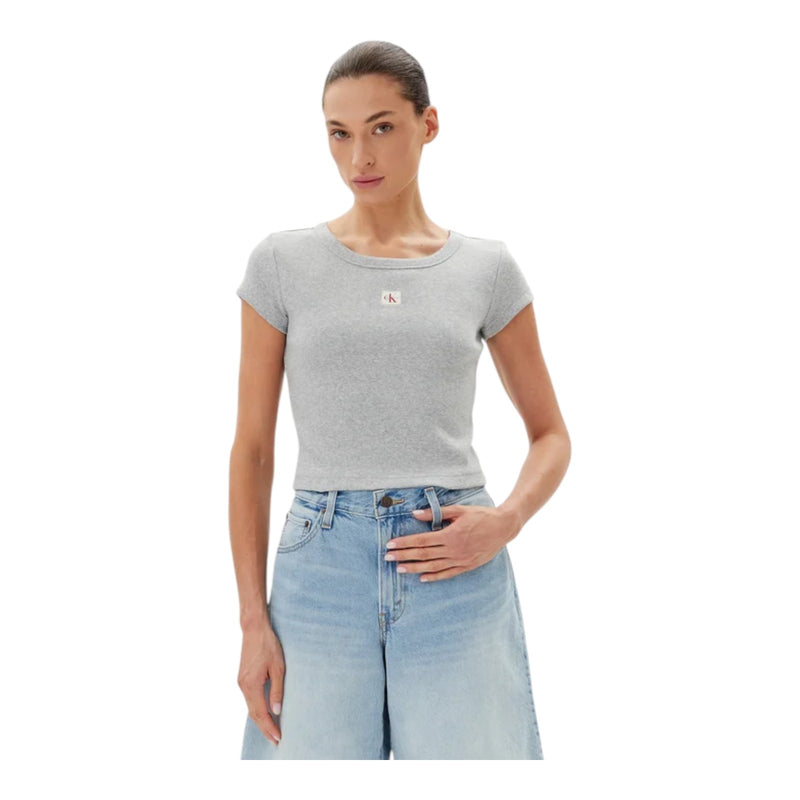 T-shirt Donna Calvin Klein - A- Woven Label 2X2 Rib Baby Tee - Grigio