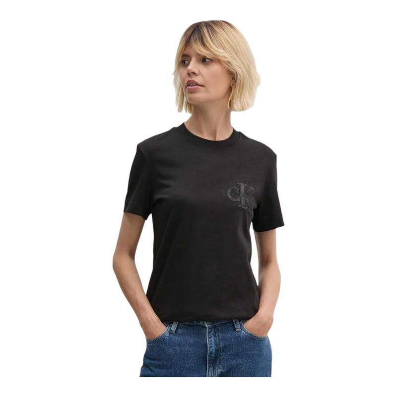 T-shirt Donna Calvin Klein - Satin Applique Regular Tee - Nero