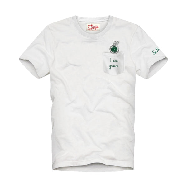 T-shirt Uomo Mc2 Saint Barth - Austin Cotton T-Shirt With Front Pocket And Print - Bianco