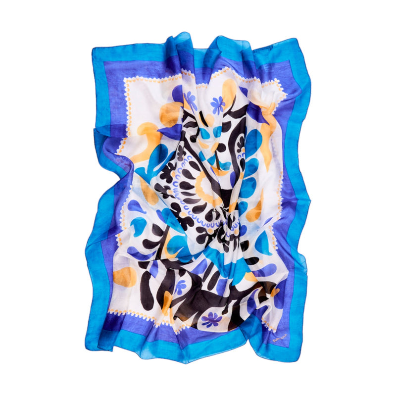 Foulard Donna Surkana - Sciarpa quadrata con stampa a fiori Naif - Celeste