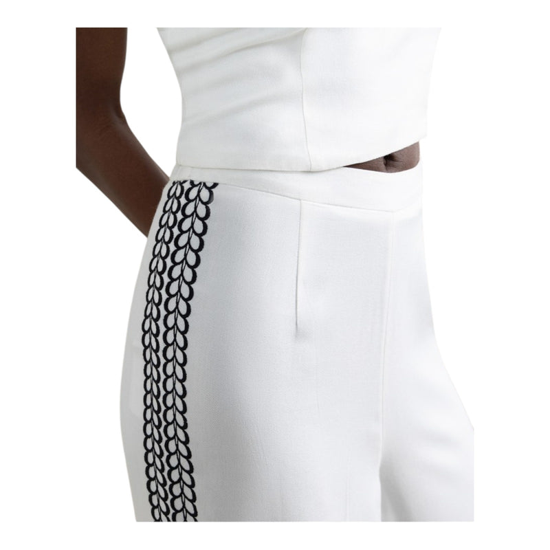 Pantaloni Donna Surkana - Pantalone largo con ricamo laterale - Bianco