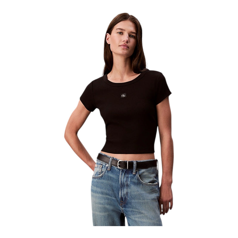 T-shirt Donna Calvin Klein - A- Woven Label 2X2 Rib Baby Tee - Nero