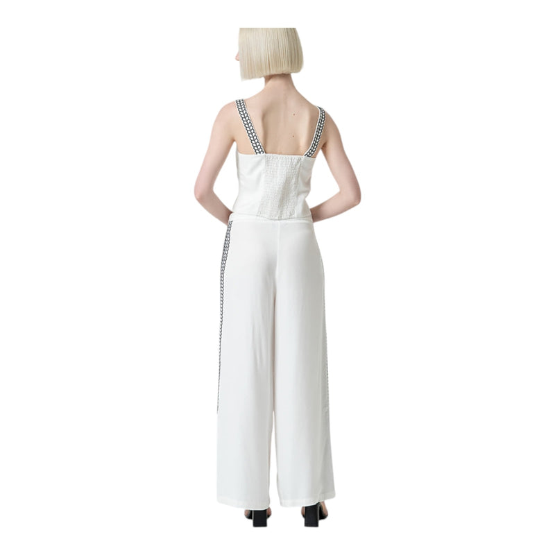 Pantaloni Donna Surkana - Pantalone largo con ricamo laterale - Bianco