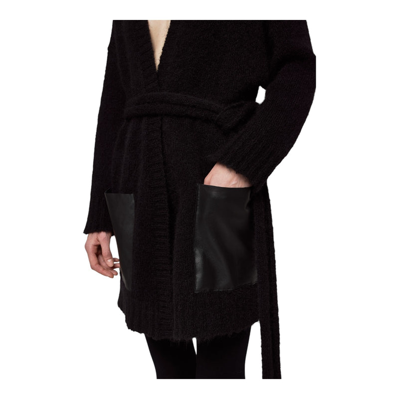 Cardigan Donna Alpha Studio - Cardigan M/L Tasche E Cintura Leather &Tricot - Nero