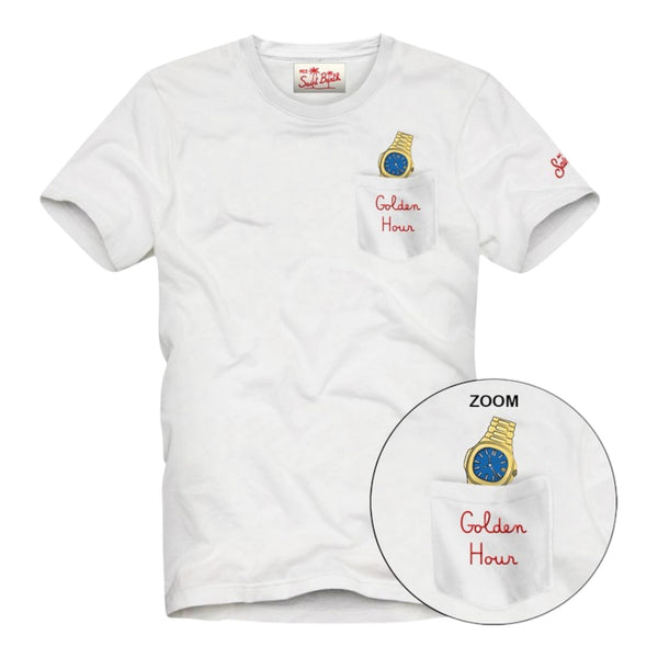 T-shirt Uomo Mc2 Saint Barth - Austin Cotton T-Shirt With Front Pocket And Print - Bianco