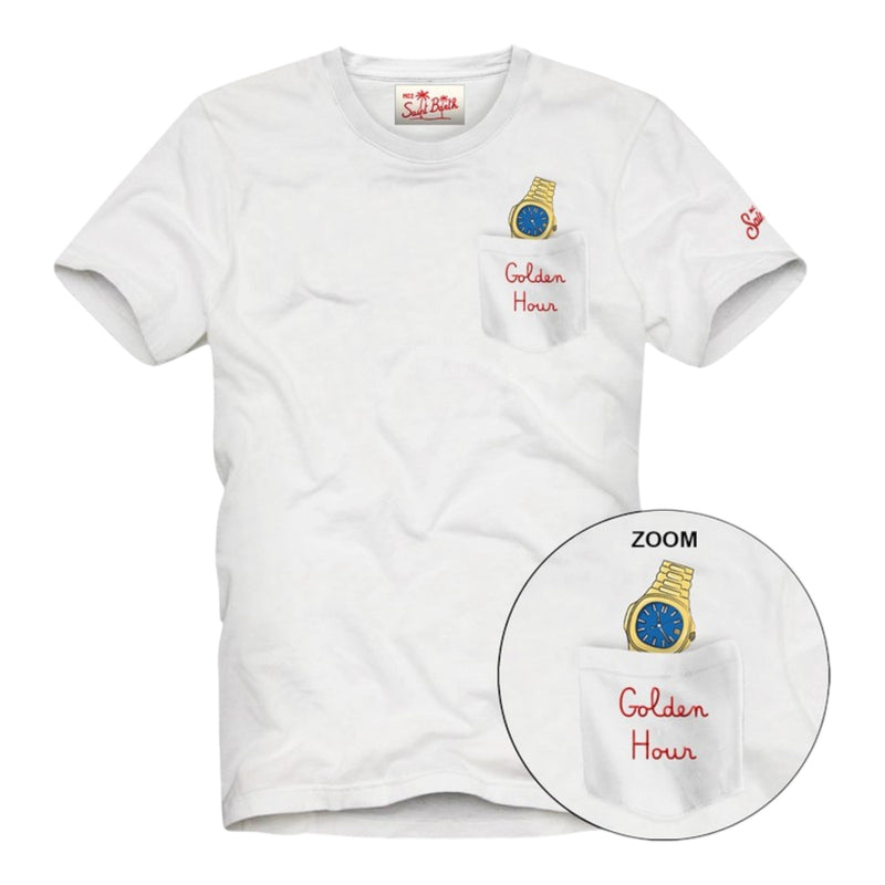 T-shirt Uomo Mc2 Saint Barth - Austin Cotton T-Shirt With Front Pocket And Print - Bianco