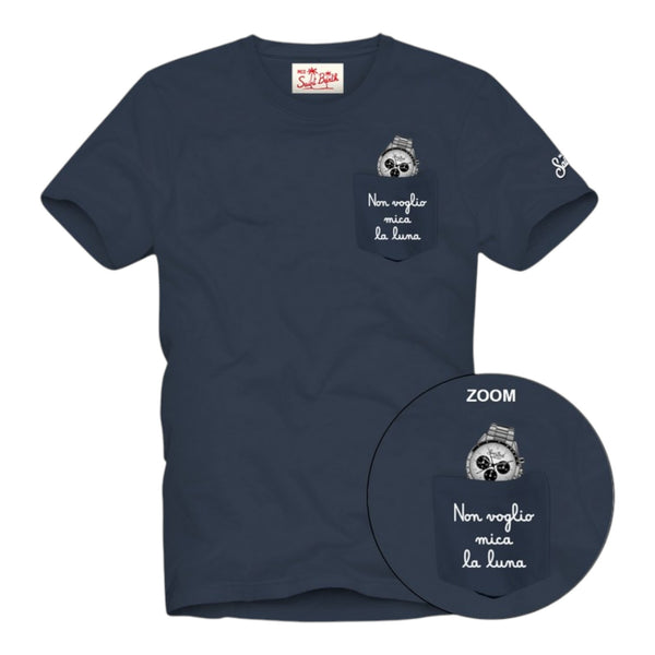 T-shirt Uomo Mc2 Saint Barth - Austin Cotton T-Shirt With Front Pocket And Print - Blu